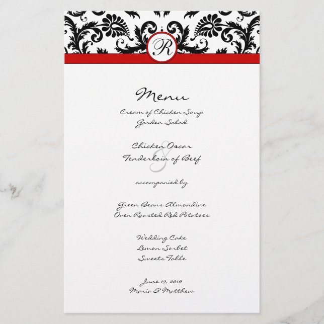 Black Damask Red Trim Bröllop Menu (Framsida)