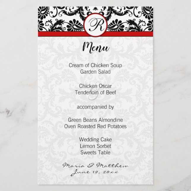 Black Damask Red Trim Bröllop Menu (Framsida)