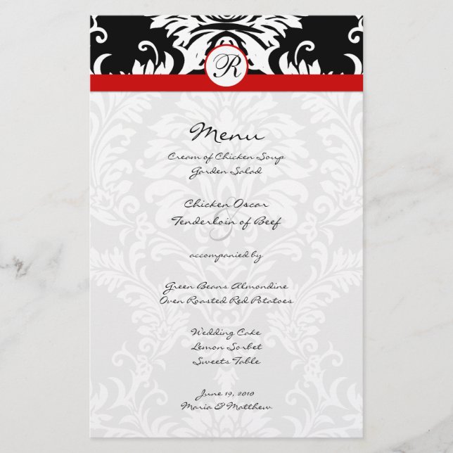 Black Damask Red Trim Bröllop Menu (Framsida)