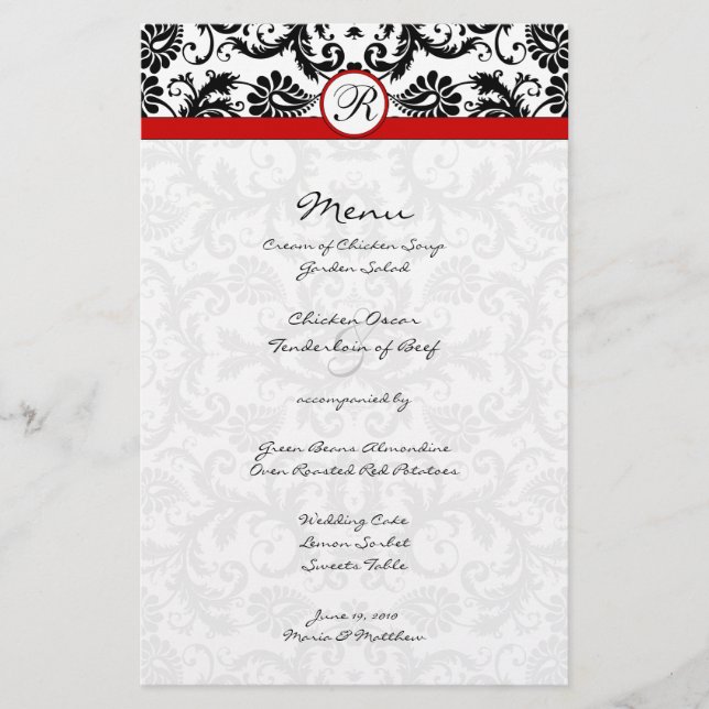Black Damask Red Trim Bröllop Menu (Framsida)