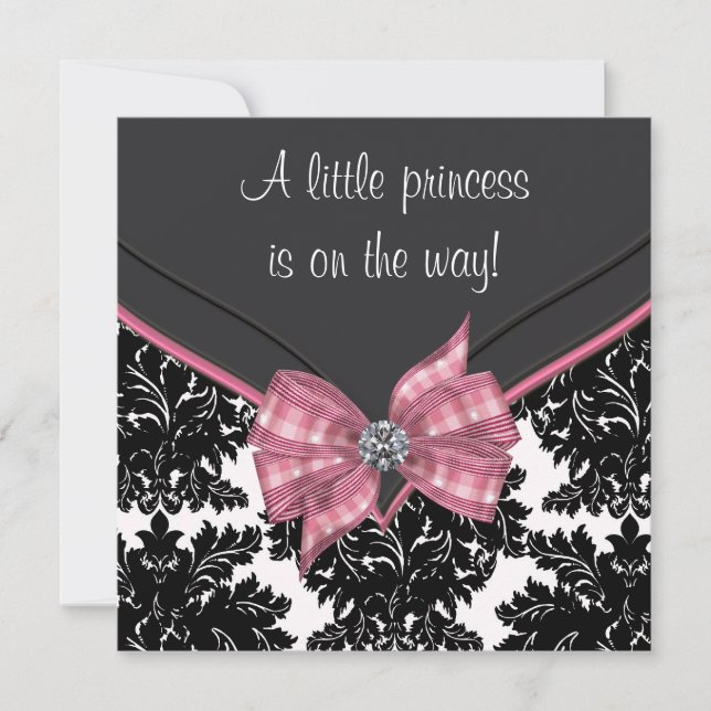 Black Damask Rosa Bow Princess Baby Shower Inbjudningar (Framsida)
