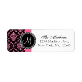 Black Damask Rosa Glitter-tryckt Monogram Returadress Etikett