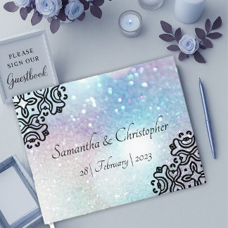 Black Damask Snöre och Pastel Sparkles Bröllop Gästböcker