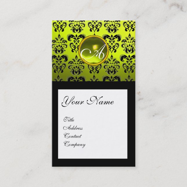 BLACK DAMASK SQUARE GULT GEMSTONE MONOGRAM VISITKORT (Framsida)