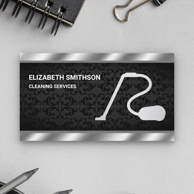Black Damask Steel Vacuum Cleaner Städning Service Visitkort (Skapare uppladdad)