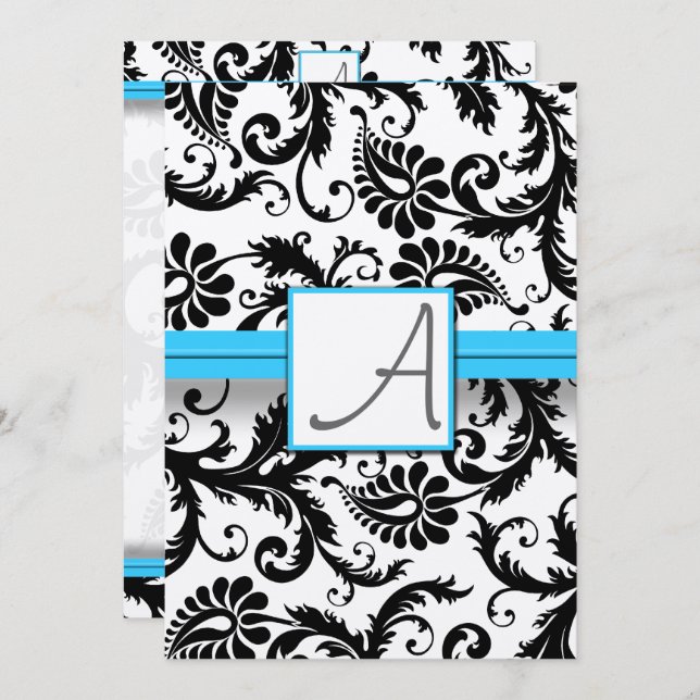 Black Damask Swirls Bright Aqua Razed Trim Inbjudningar (Fram/baksida)