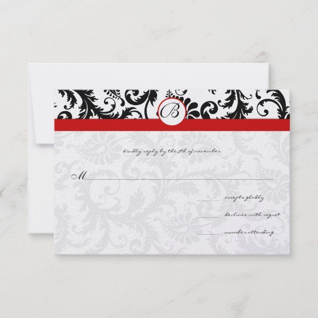 Black Damask Swirls Red Trim Bröllop OSA Kort (Framsida)