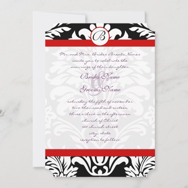 Black Damask Swirls Red Trim Lila Font Bröllop Inbjudningar (Framsida)
