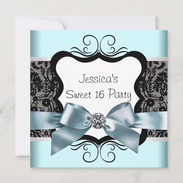 Black Damask Teal Blue Black Sweet 16 Birthday Par Inbjudningar (Framsida)