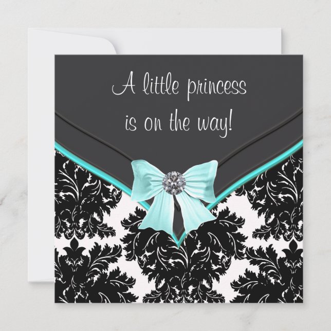 Black Damask Teal Blue Bow Princess Baby Shower Inbjudningar (Framsida)
