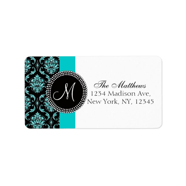 Black Damask Teal Glitter tryckt Monogram Adressetikett (Framsidan)