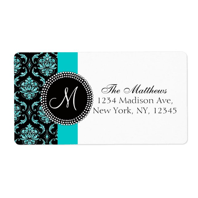Black Damask Teal Glitter tryckt Monogram Fraktsedel (Framsidan)