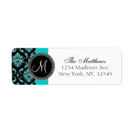 Black Damask Teal Glitter tryckt Monogram Returadress Etikett