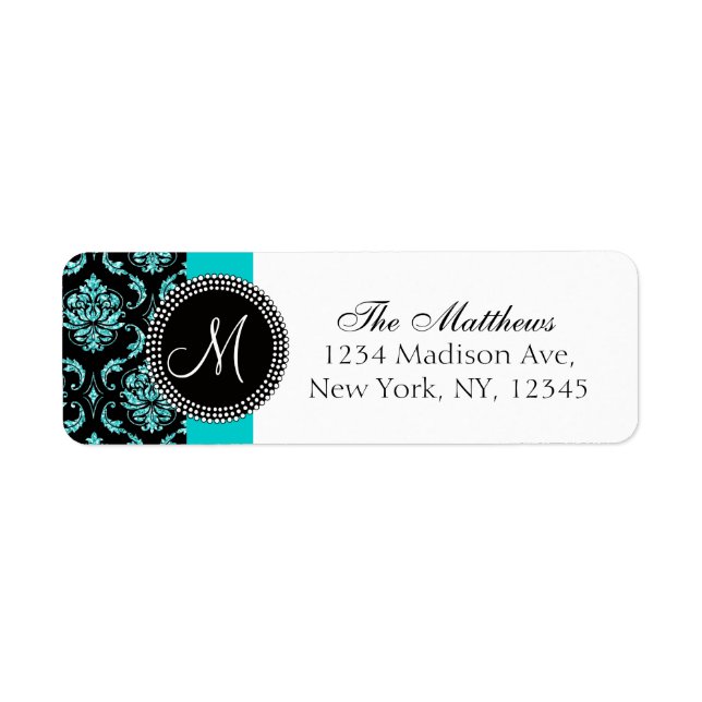 Black Damask Teal Glitter tryckt Monogram Returadress Etikett (Framsidan)
