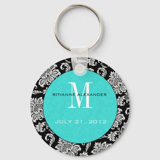 Black Damask Teal Monogram Bröllop-nyckelkedja Nyckelring (Framsida)
