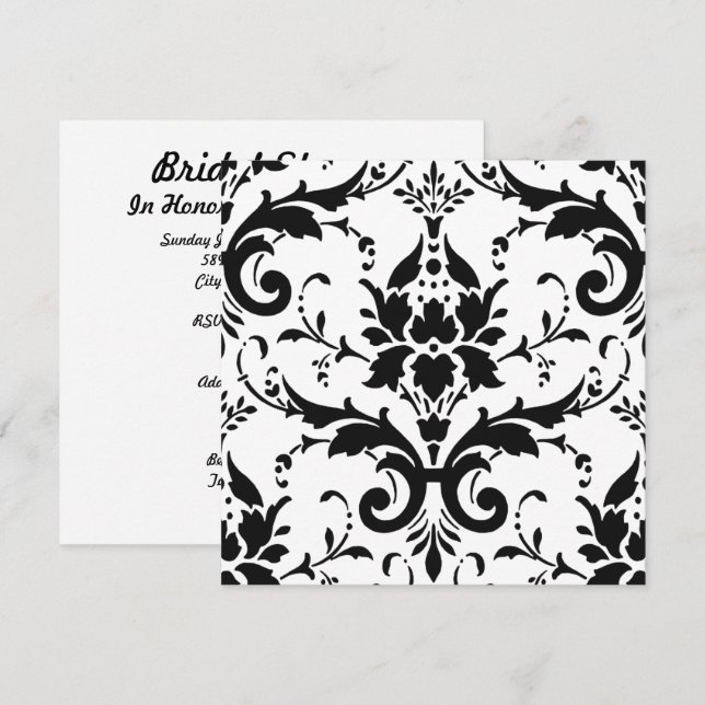 Black Damask & White Background Möhippa Inv Inbjudningar (Fram/baksida)