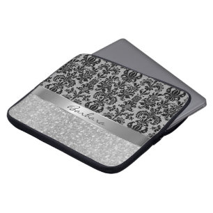 Black Damask White Diamond Mönster Glitter Laptop Sleeve