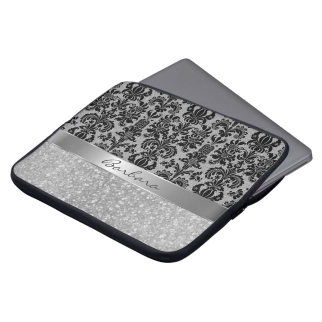 Black Damask White Diamond Mönster Glitter Laptop Sleeve (Framsida topp)
