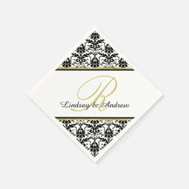 Black Damask White Guld Monogram Bröllop Pappersservett (Hörn)