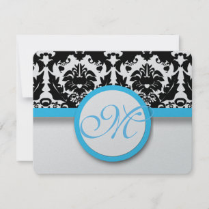 Black Damask with Bright Aqua Blue Trim Bröllop OSA Kort