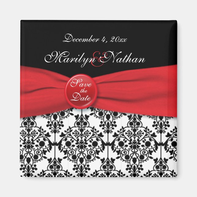 Black Damask with Poppy Red Spara datum magneter (Framsidan)