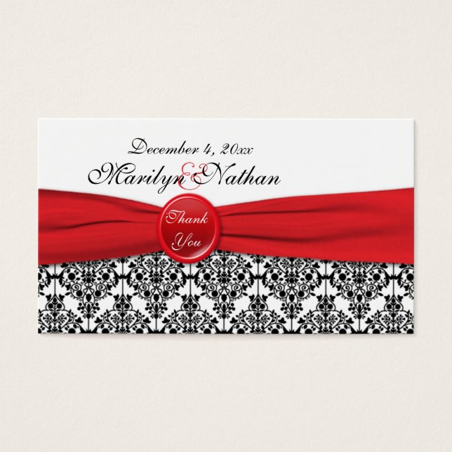 Black Damask with Poppy Red Wedding Favor Märkre Visitkort (Framsidan)
