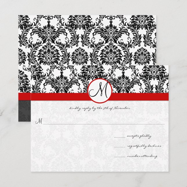 Black Damask with Red Trim Bröllop Inbjudningar (Fram/baksida)