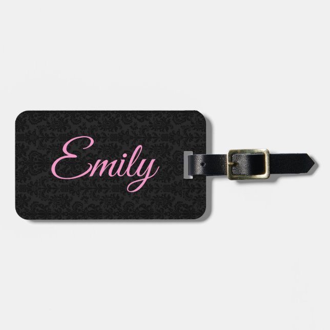 Black Damasks Mönster Rosa Typography Bagagebricka (Horisontell Framsida)