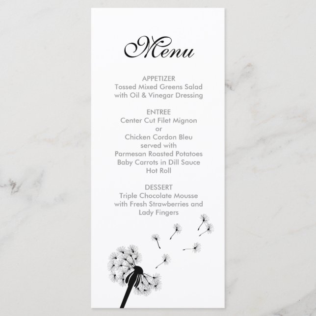 Black Dandelion Bröllop Menu Meny (Framsida)