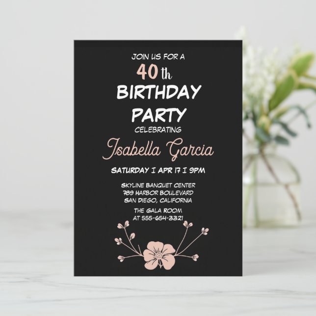 Black Dark Floral Birthday Invitation  Inbjudningar (Stående Fram)