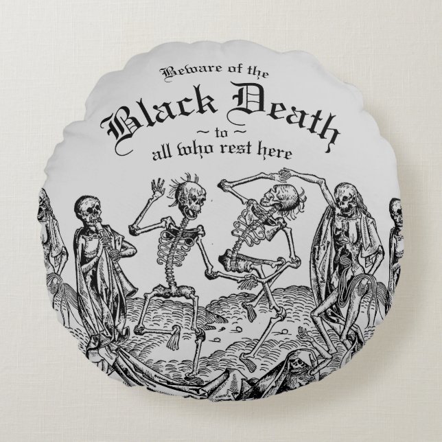 Black Death Dancing Skeletons Gothic Macabre Throw Rund Kudde (Framsidan)