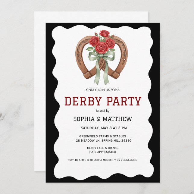 Black Derby Party Invitation Elegant Horseshoe Inbjudningar (Fram/baksida)