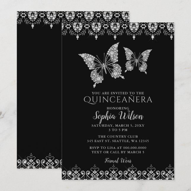 Black Diamante Snöre Butterflies Quinceañera Inbjudningar (Fram/baksida)