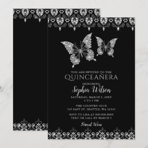 Black Diamante Snöre Butterflies Quinceañera Inbjudningar