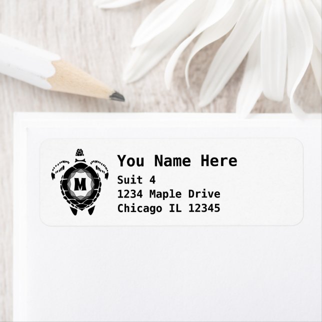 Black Diamond Sea Turtle Silhouette Monogram Returadress Etikett (Insitu)