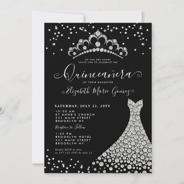 Black Diamond Silver Gnistra Tiara Quinceanera Inbjudningar (Framsida)