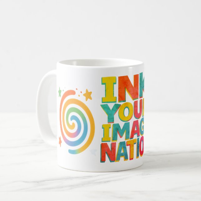 "Bläck din fantasi" - CMYK-inspirerad Retro Typog Kaffemugg (Framsida vänster)