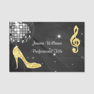 Black Disco Boll, Sparkly Guld Heels & Music Namnbricka