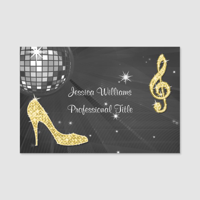 Black Disco Boll, Sparkly Guld Heels & Music Namnbricka (Framsida)