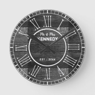 Black Distress Wood Roman Numeral Bröllop Rund Klocka