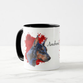 Black Doberman Pinscher Red Abstrakt Background Mugg