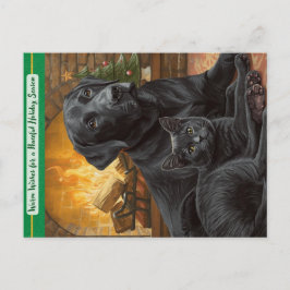 Black Dog Cat Warm Wishes Holiday Postcard Helg Vykort