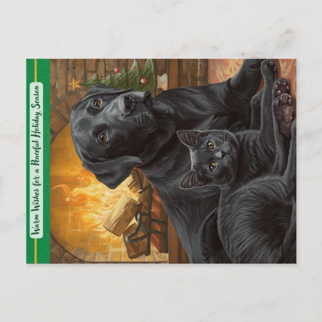 Black Dog Cat Warm Wishes Holiday Postcard Helg Vykort (Framsida)