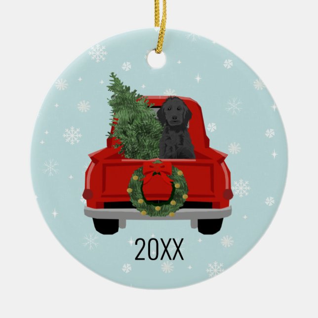 Black Doodle Hund Red jul Lastbil Ornament (Framsidan)