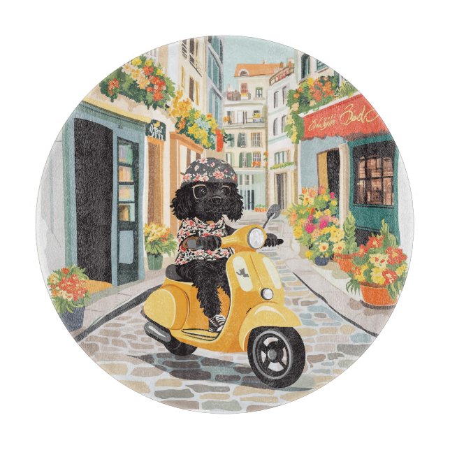 Black Doodle Riding Scooter European City Streets (Framsidan)