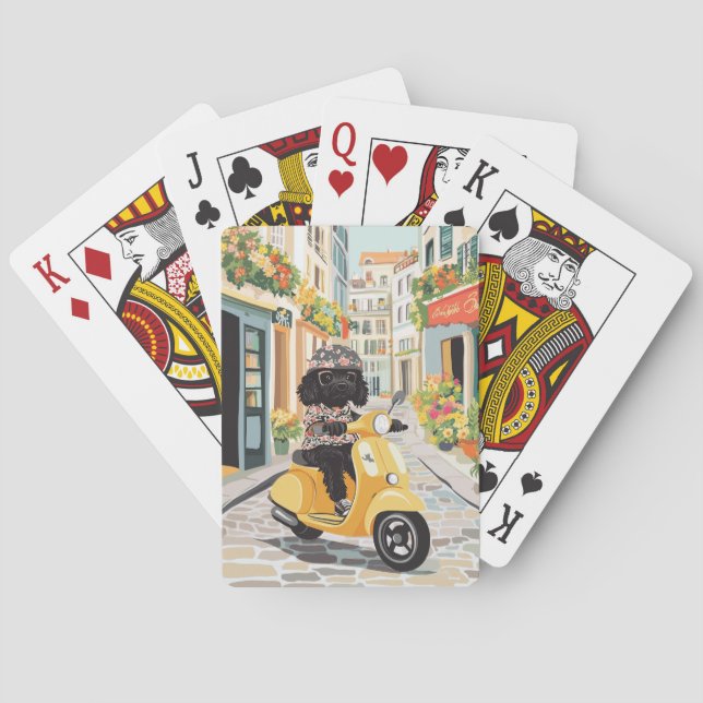 Black Doodle Riding Scooter European City Streets Casinokort (Baksidan)