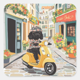 Black Doodle Riding Scooter European City Streets Fyrkantigt Klistermärke