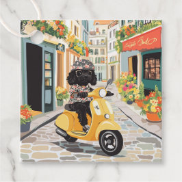 Black Doodle Riding Scooter European City Streets Gåvor Etiketter