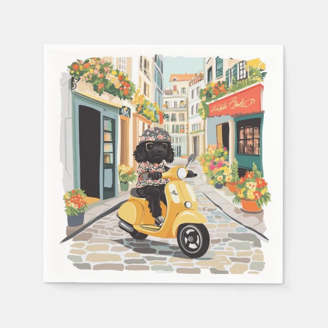 Black Doodle Riding Scooter European City Streets Pappersservett (Framsidan)