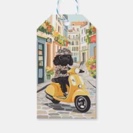 Black Doodle Riding Scooter European City Streets Presentetikett